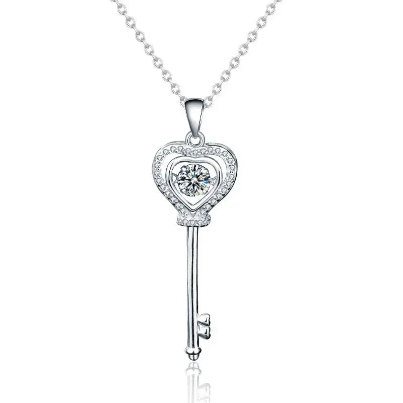 Lovcia Women Promise Moissanite CZ Heart Key 925 Sterling Silver Necklace-Necklaces-0.5 Carat Moissanite CZ-0.5 Carat Moissanite CZ
