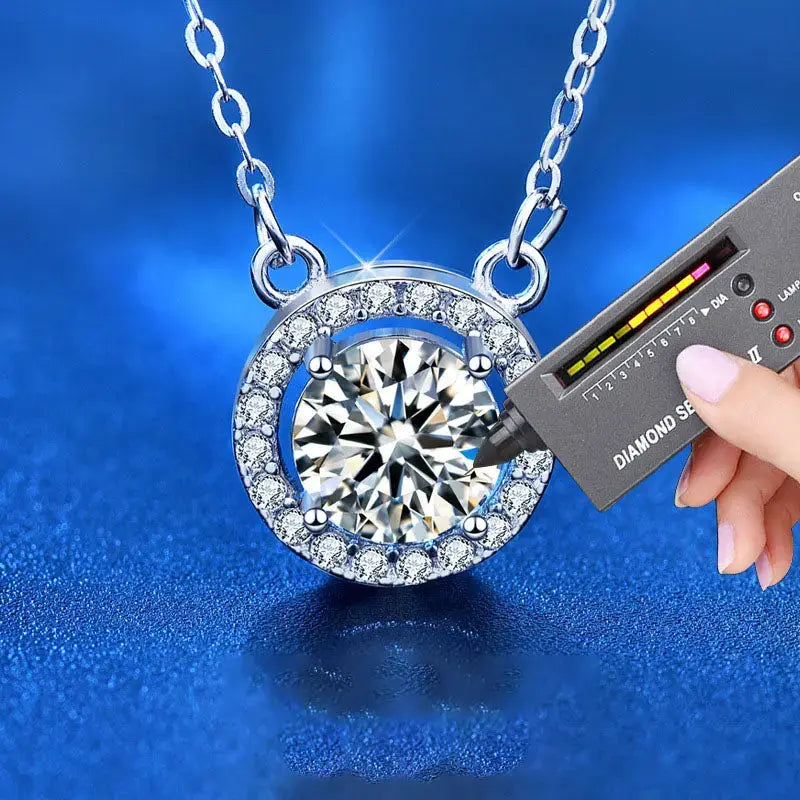 Lovcia Women Round Moissanite CZ Border 925 Sterling Silver Necklace-Necklaces-1ct Moissanite CZ-1ct Moissanite CZ