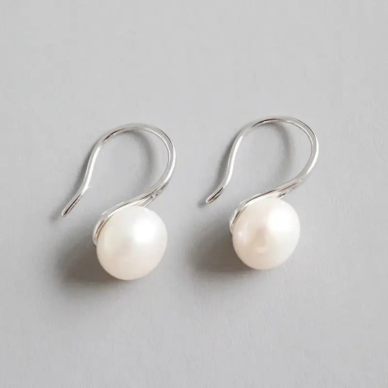 Lovcia Women Round Natural Pearl 925 Sterling Silver Dangling Earrings-Earrings-Rhodium-Rhodium