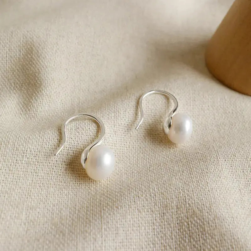 Lovcia Women Round Natural Pearl 925 Sterling Silver Dangling Earrings-Earrings-Rhodium-Rhodium