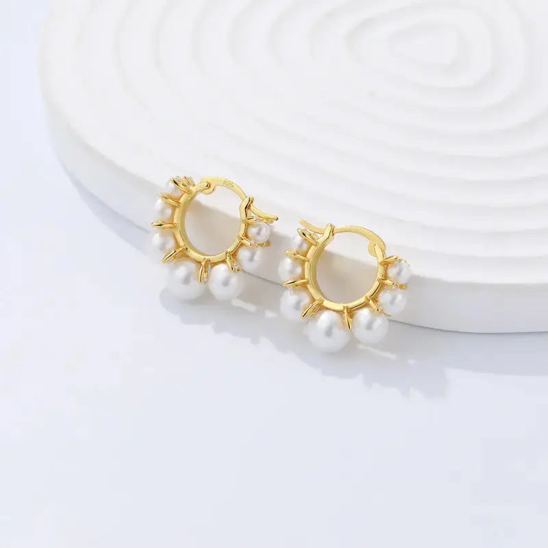 Lovcia Women Round Shell Pearls 925 Sterling Silver Hoop Earrings-Earrings-Yellow Gold-Yellow Gold