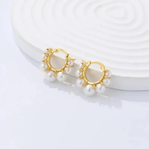 Lovcia Women Round Shell Pearls 925 Sterling Silver Hoop Earrings-Earrings-Yellow Gold-Yellow Gold