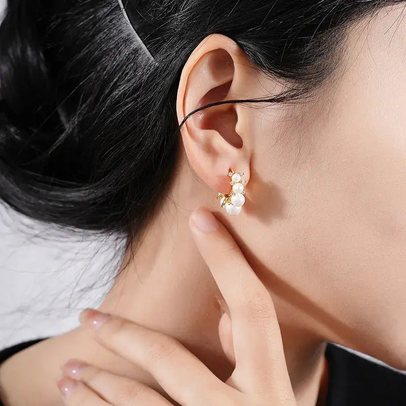 Lovcia Women Round Shell Pearls 925 Sterling Silver Hoop Earrings-Earrings-Yellow Gold-Yellow Gold