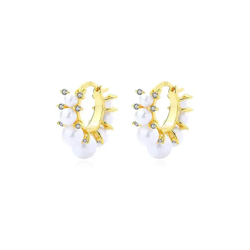 Lovcia Women Round Shell Pearls 925 Sterling Silver Hoop Earrings-Earrings-Yellow Gold-Yellow Gold