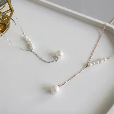 Lovcia Women Round Shell Pearls Y Shape 925 Sterling Silver Necklace-Necklaces-Rhodium-Rhodium
