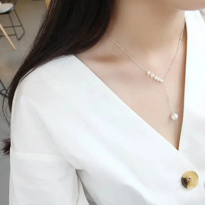 Lovcia Women Round Shell Pearls Y Shape 925 Sterling Silver Necklace-Necklaces-Rhodium-Rhodium