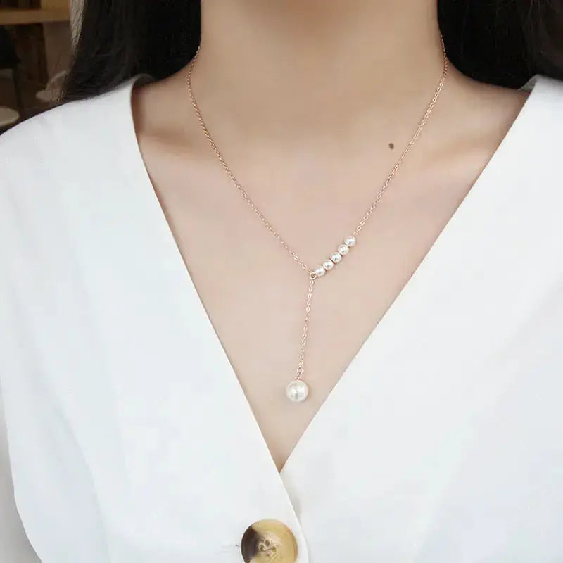 Lovcia Women Round Shell Pearls Y Shape 925 Sterling Silver Necklace-Necklaces-Rhodium-Rhodium