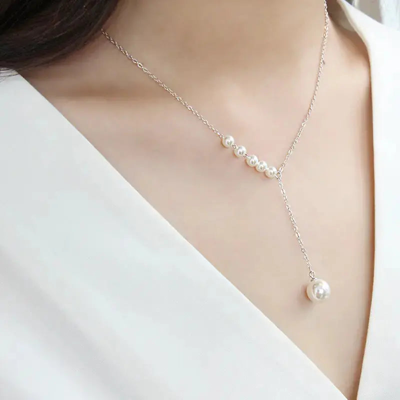 Lovcia Women Round Shell Pearls Y Shape 925 Sterling Silver Necklace-Necklaces-Rhodium-Rhodium