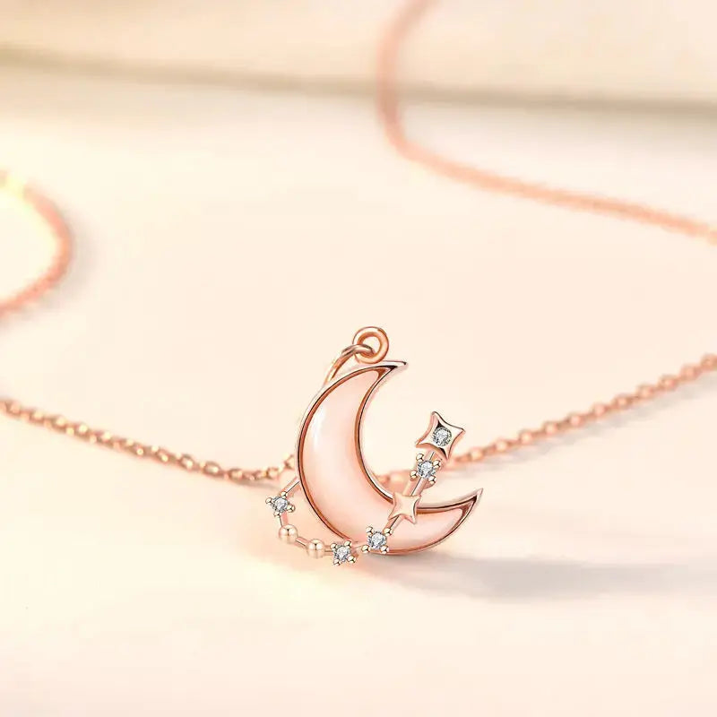 Lovcia Women Shell Crescent Moon CZ 925 Sterling Silver Necklace-Necklaces-Rose Gold-Rose Gold