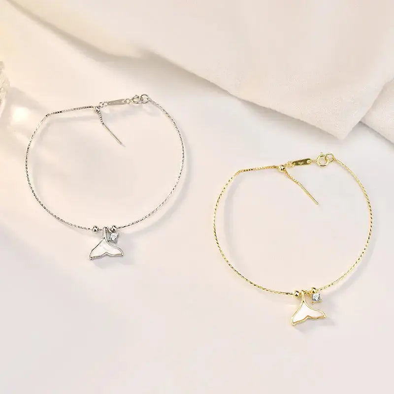 Lovcia Women Shell Fish Tail CZ 925 Sterling Silver Bracelet-Bracelets-14K Yellow Gold-14K Yellow Gold