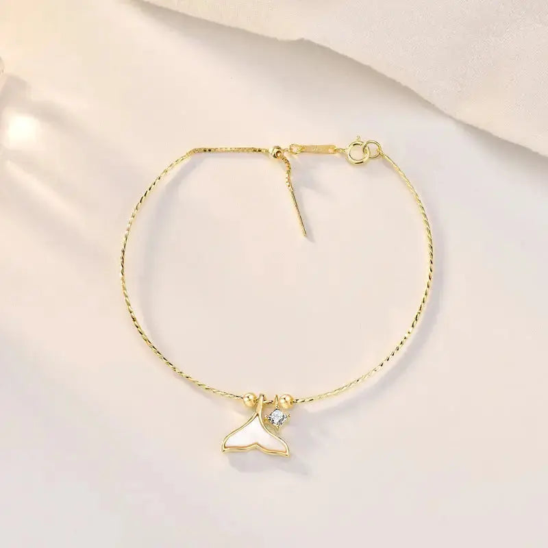 Lovcia Women Shell Fish Tail CZ 925 Sterling Silver Bracelet-Bracelets-14K Yellow Gold-14K Yellow Gold