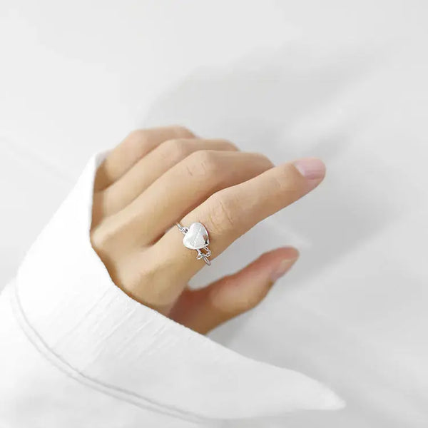 Lovcia Women Simple Heart Chain 925 Sterling Silver Adjustable Ring-Rings-Rhodium-Rhodium