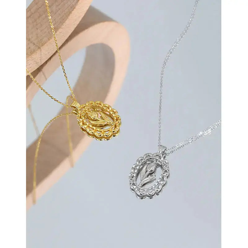 Lovcia Women Tulips Flower 925 Sterling Silver Necklace-Necklaces-Rhodium-Rhodium