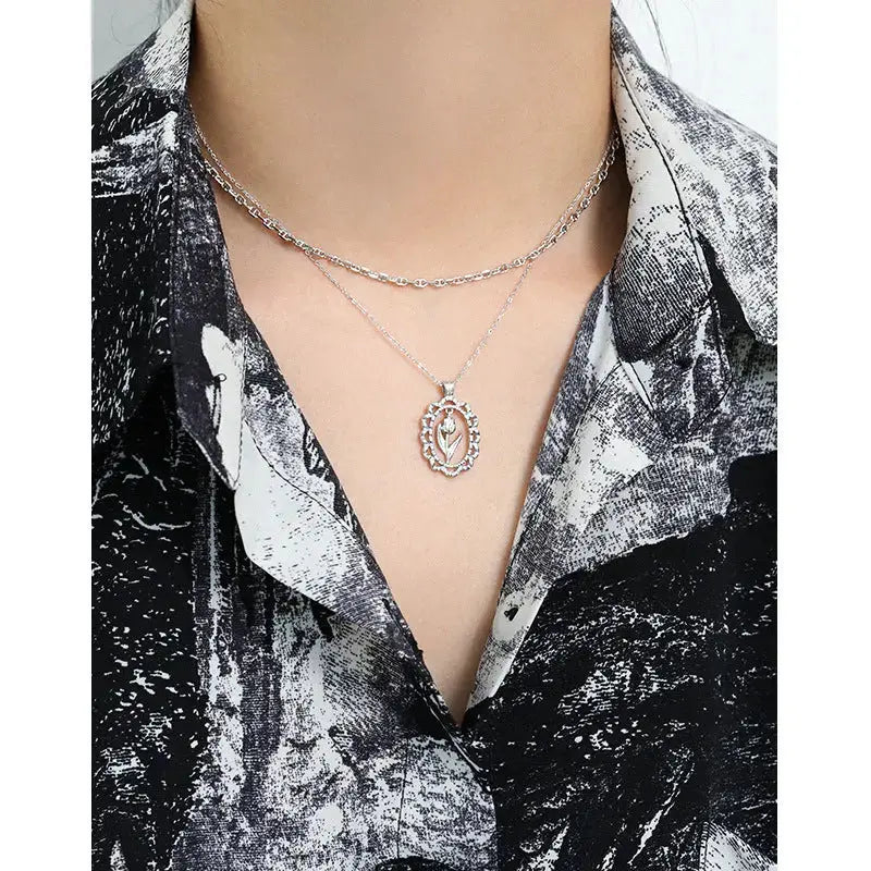 Lovcia Women Tulips Flower 925 Sterling Silver Necklace-Necklaces-Rhodium-Rhodium