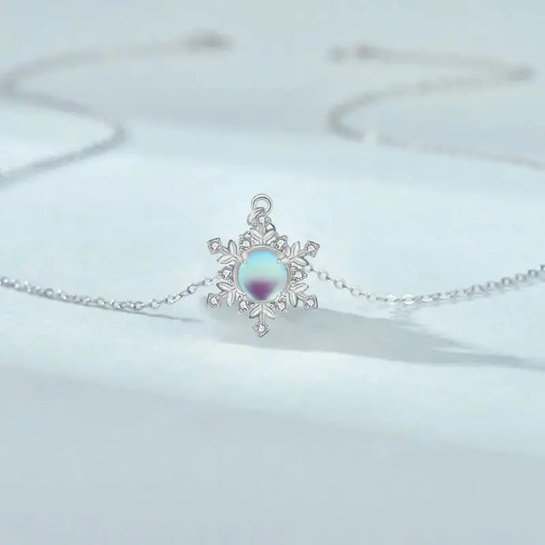 LOVCIA Women White Natural Moonstone CZ Snow Flake 925 Sterling Silver Necklace