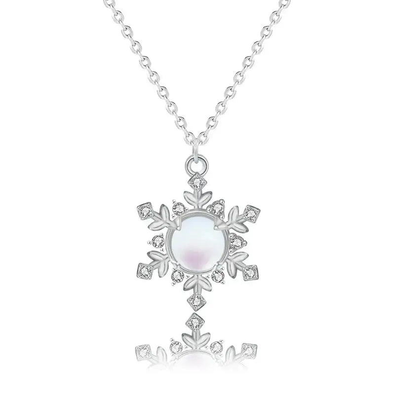 Lovcia Women White Natural Moonstone CZ Snow Flake 925 Sterling Silver Necklace-Necklaces-Silver-Silver