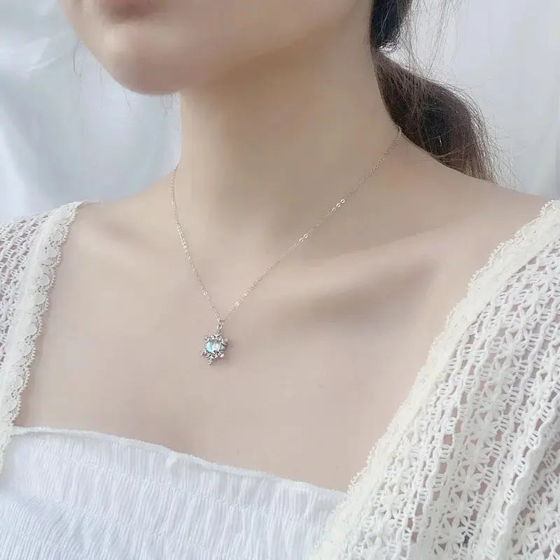 Lovcia Women White Natural Moonstone CZ Snow Flake 925 Sterling Silver Necklace-Necklaces-Silver-Silver