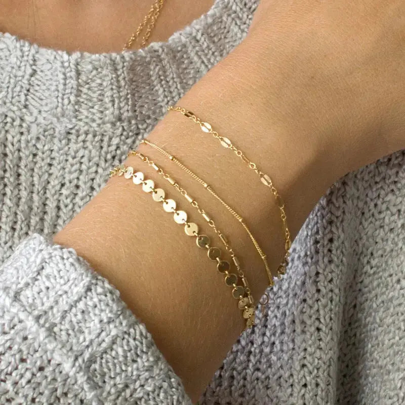 Lovcia Women's 4-Pack Set Silver and Gold Plated Bracelets with Disc, Tube, and Lace Chains - Elegant Layered Bracelet Set-Bracelets-Gold-Gold