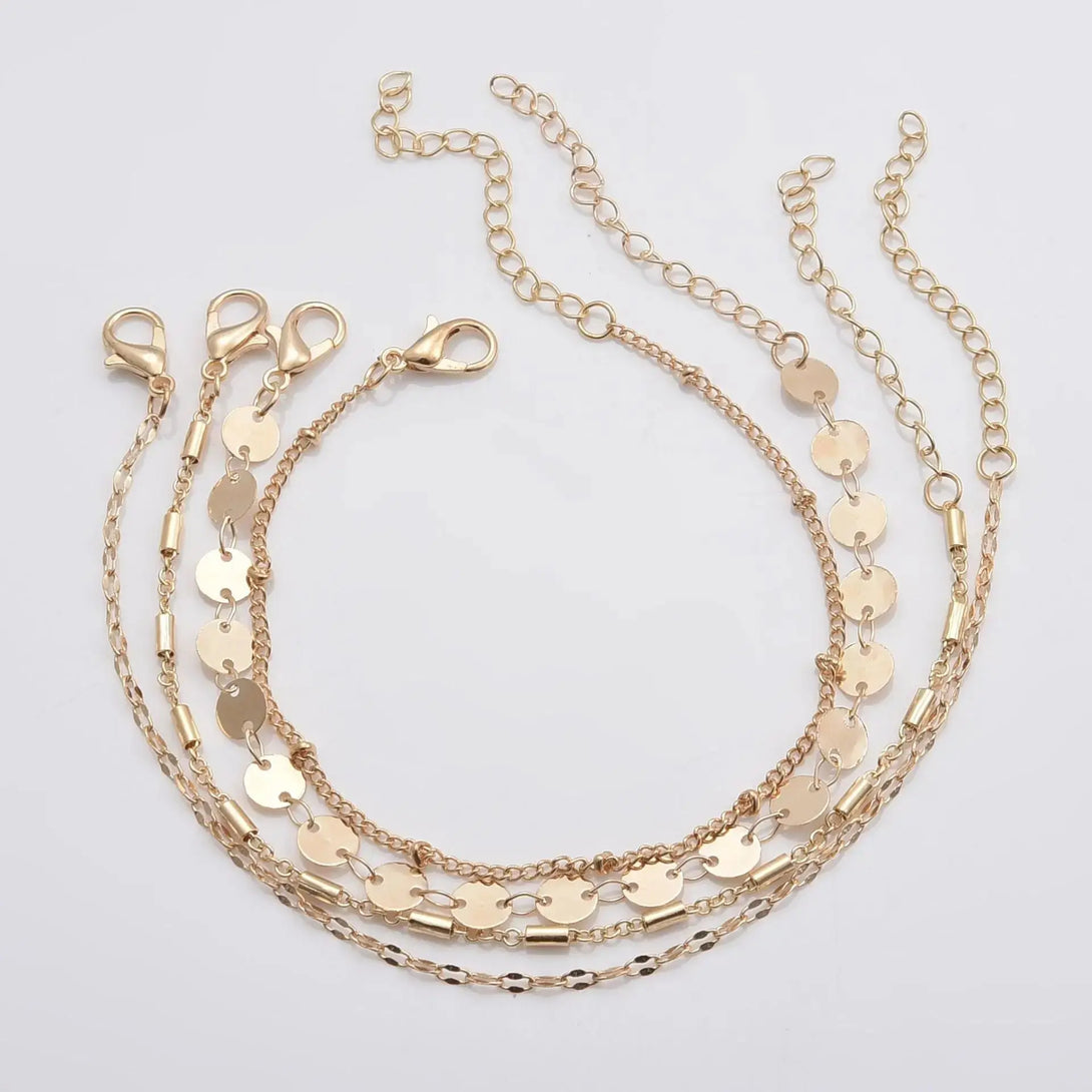 Lovcia Women's 4-Pack Set Silver and Gold Plated Bracelets with Disc, Tube, and Lace Chains - Elegant Layered Bracelet Set-Bracelets-Gold-Gold