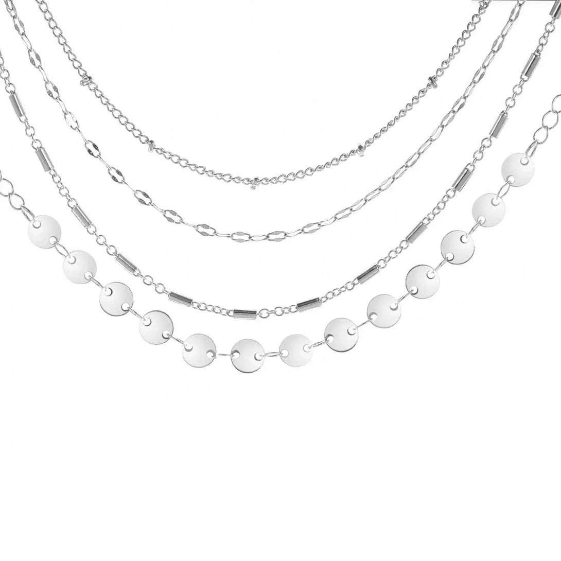 Lovcia Women's 4-Pack Set Silver and Gold Plated Bracelets with Disc, Tube, and Lace Chains - Elegant Layered Bracelet Set-Bracelets-Silver-Silver