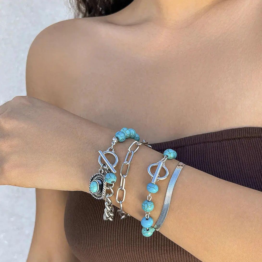 Lovcia Women's 4-Piece Vintage Style Turquoise Beaded Silver Chain Bracelet Set - Adjustable Fashion Jewellery-Bracelets-Turquoise-Turquoise