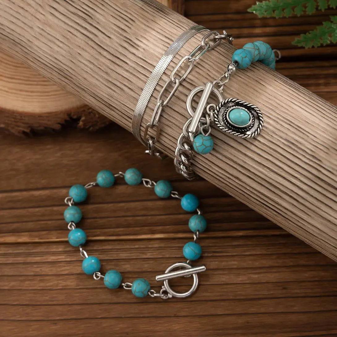 Lovcia Women's 4-Piece Vintage Style Turquoise Beaded Silver Chain Bracelet Set - Adjustable Fashion Jewellery-Bracelets-Turquoise-Turquoise