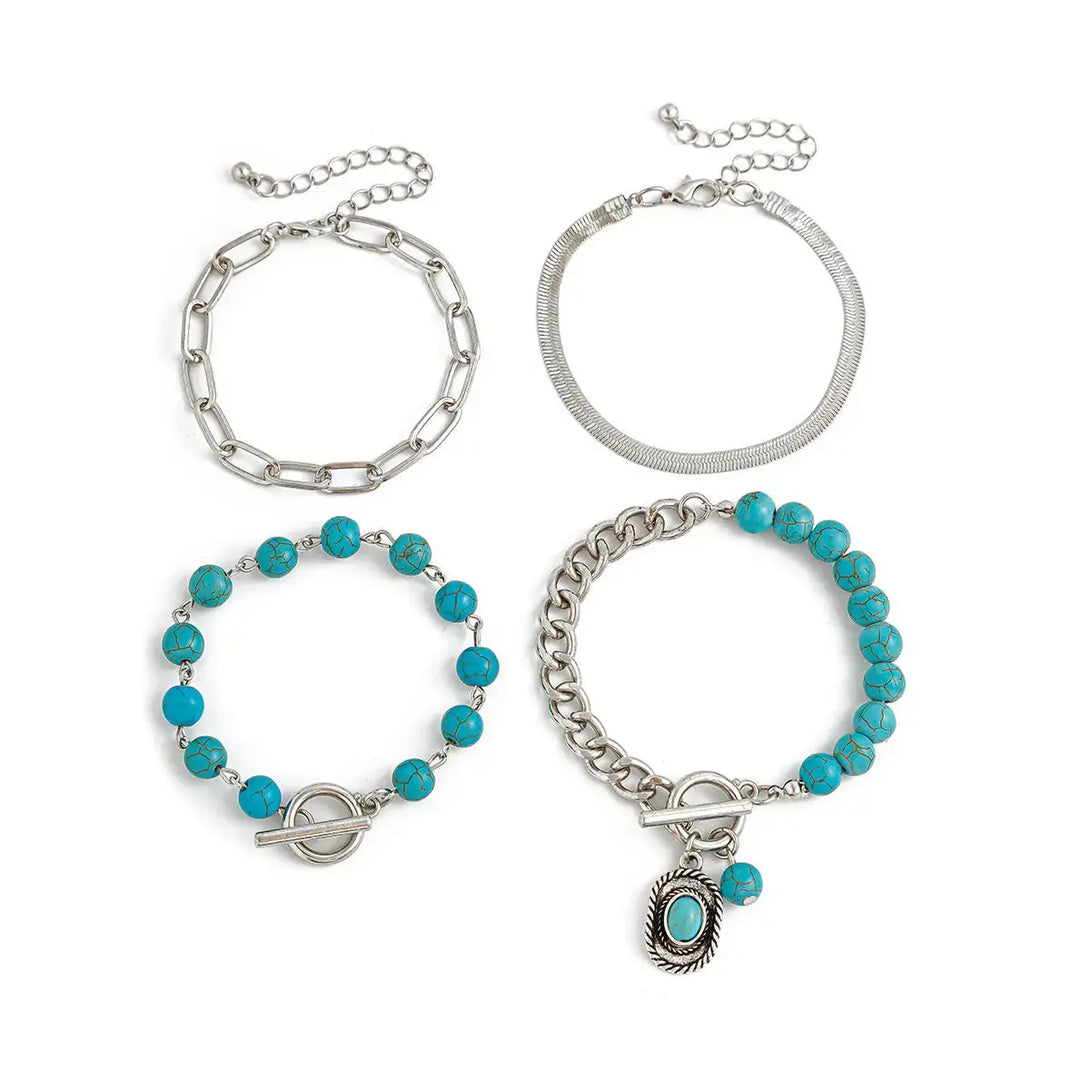 Lovcia Women's 4-Piece Vintage Style Turquoise Beaded Silver Chain Bracelet Set - Adjustable Fashion Jewellery-Bracelets-Turquoise-Turquoise