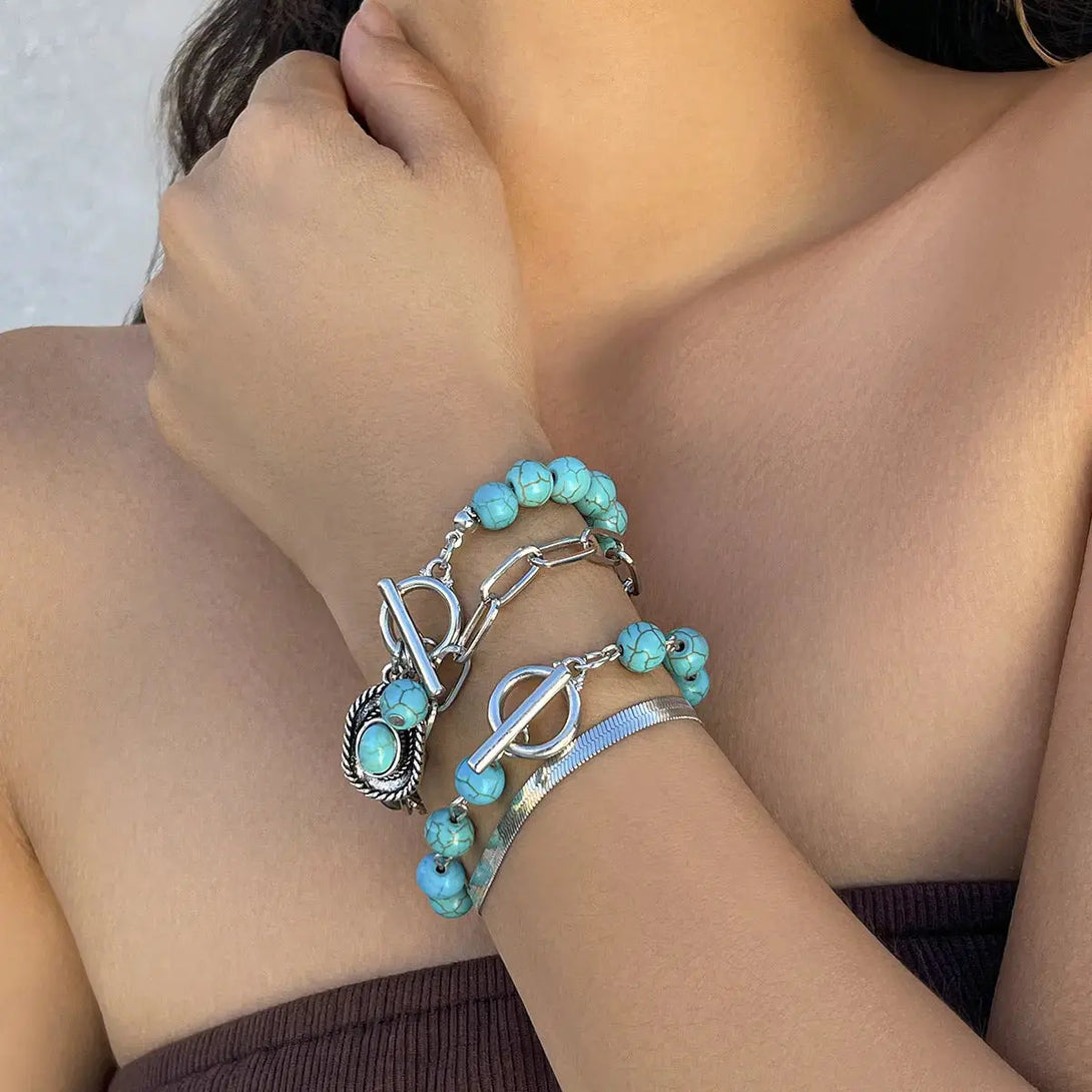 Lovcia Women's 4-Piece Vintage Style Turquoise Beaded Silver Chain Bracelet Set - Adjustable Fashion Jewellery-Bracelets-Turquoise-Turquoise