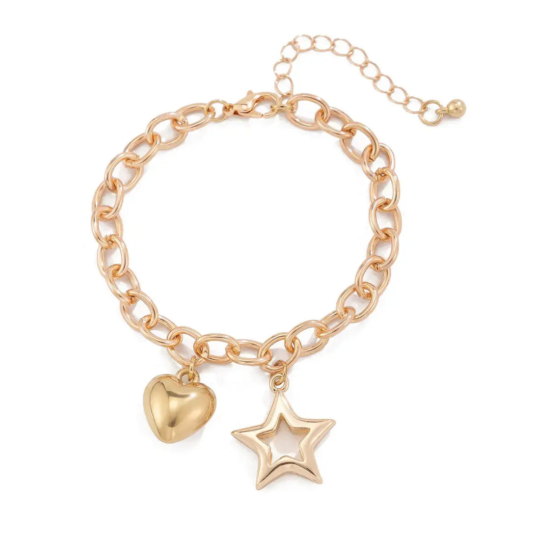Lovcia Women's Charm Bracelet with Heart and Star Pendants - Adjustable Bracelet for Women-Bracelets-Gold-Gold