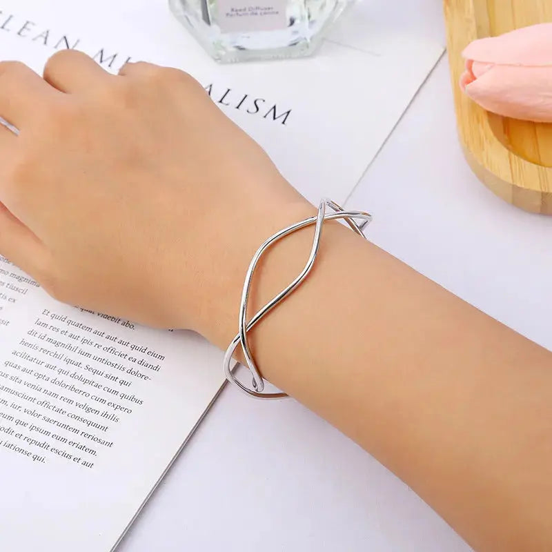 Lovcia Women's Elegant Gold-Plated Minimalist Twisted Open Bangle Bracelet-Bracelets-Silver-Silver