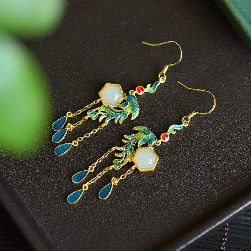 Lovcia Women's Enamel Phoenix Hetian Jade Drop Earrings, Gold-Plated Sterling Silver Dangle Earring, Handcrafted Statement Earrings for Women-Earrings-Green-Green