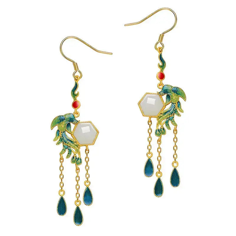 Lovcia Women's Enamel Phoenix Hetian Jade Drop Earrings, Gold-Plated Sterling Silver Dangle Earring, Handcrafted Statement Earrings for Women-Earrings-Green-Green