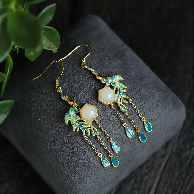 Lovcia Women's Enamel Phoenix Hetian Jade Drop Earrings, Gold-Plated Sterling Silver Dangle Earring, Handcrafted Statement Earrings for Women-Earrings-Green-Green
