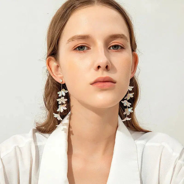 Lovcia Women's Exaggerated Tassel White Flower Long Earrings-Earrings-White-White