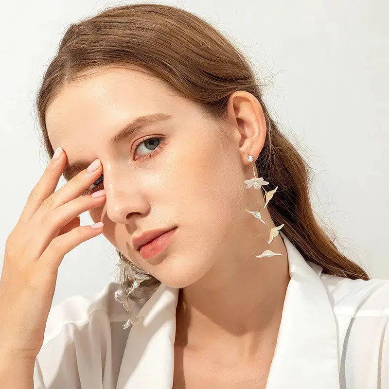 Lovcia Women's Exaggerated Tassel White Flower Long Earrings-Earrings-White-White