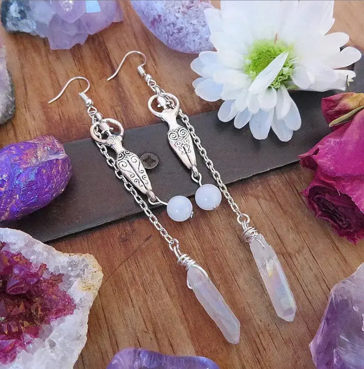 LOVCIA Mesmerizing Moonstone and Angel Halo Quartz Wrap Earrings - Unleash Your Inner Radiance