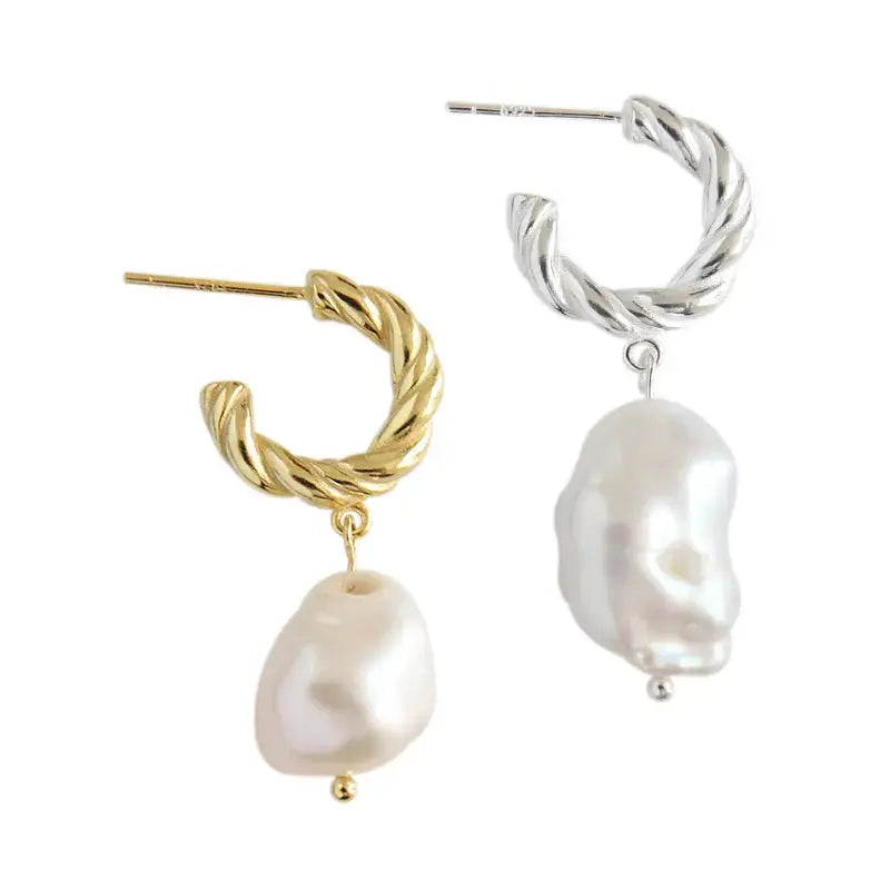 LOVCIA Fashion Irregular Shell Pearl Twisted Circle 925 Sterling Silver Hoop Earrings
