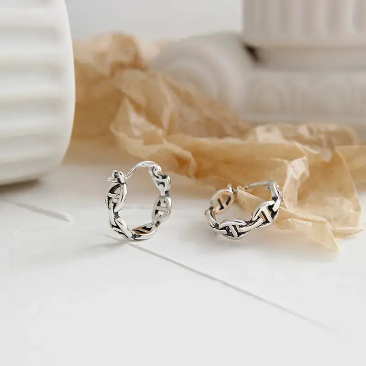 LOVCIA Vintage Cool Hollow Chain 925 Sterling Silver Huggie Hoop Earrings