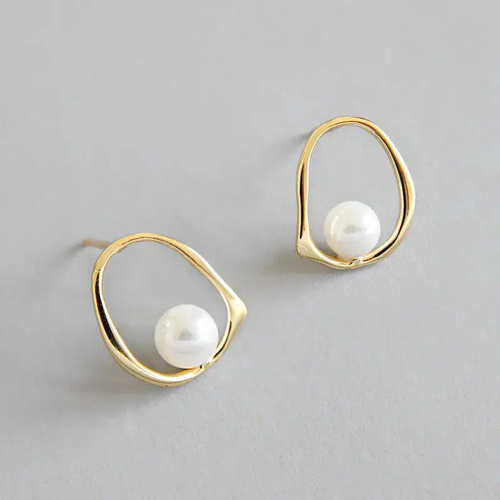 LOVCIA Geometric Round Shell Pearl 925 Sterling Silver Studs Earrings