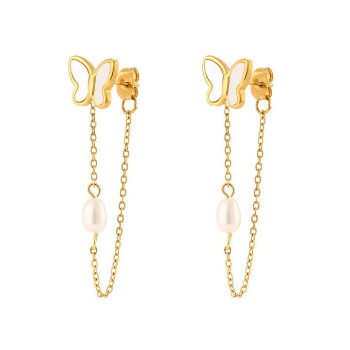 White Shell Butterfly Chain Stud Earrings LOVCIA