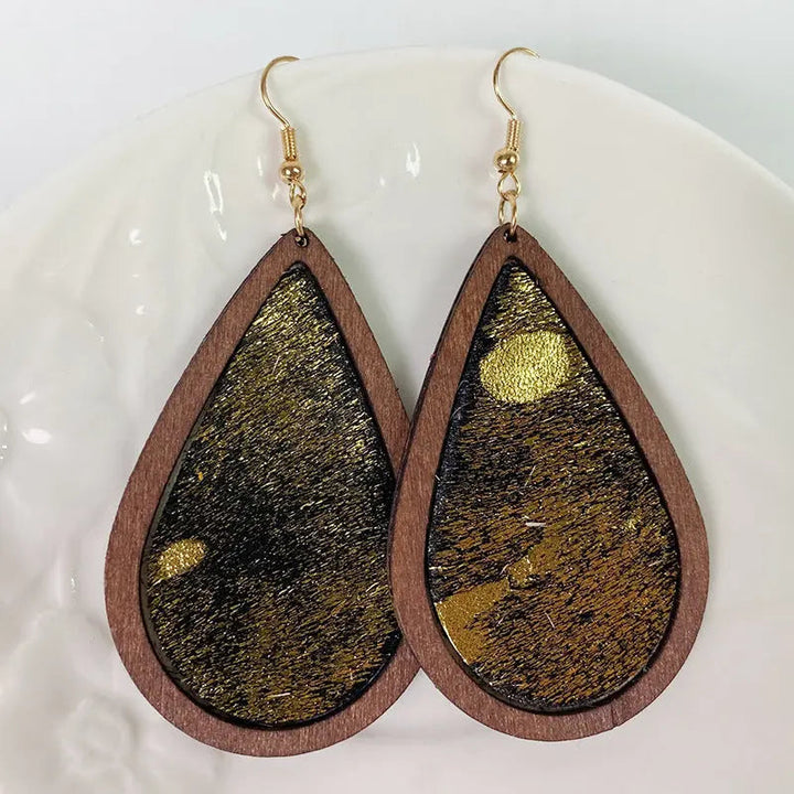 Teardrop Shape Wooden Dangle Earrings LOVCIA