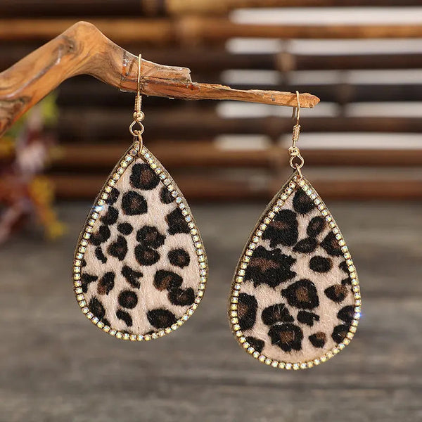 LOVCIA Zircon PU Leopard Teardrop Earrings