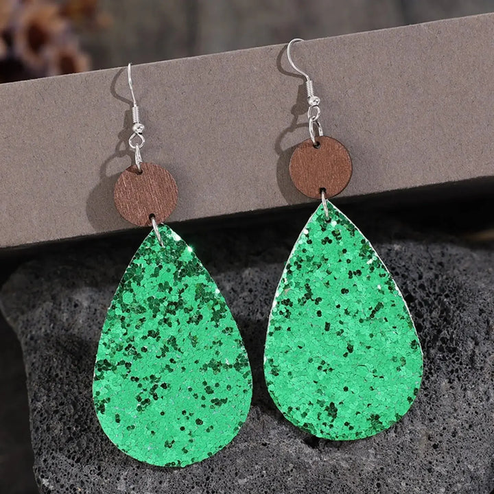 LOVCIA Sequin PU Leather Wooden Dangle Earrings