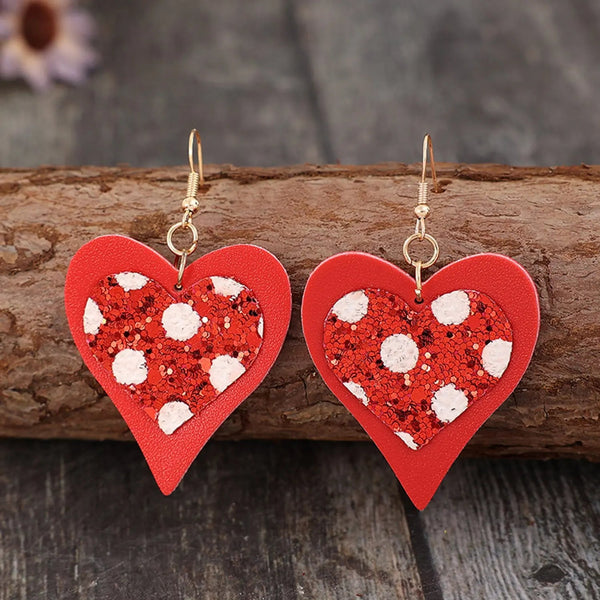 Sequin Heart Leather Drop Earrings LOVCIA