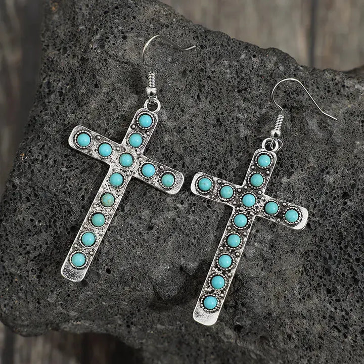 LOVCIA Artificial Turquoise Cross Shape Earrings