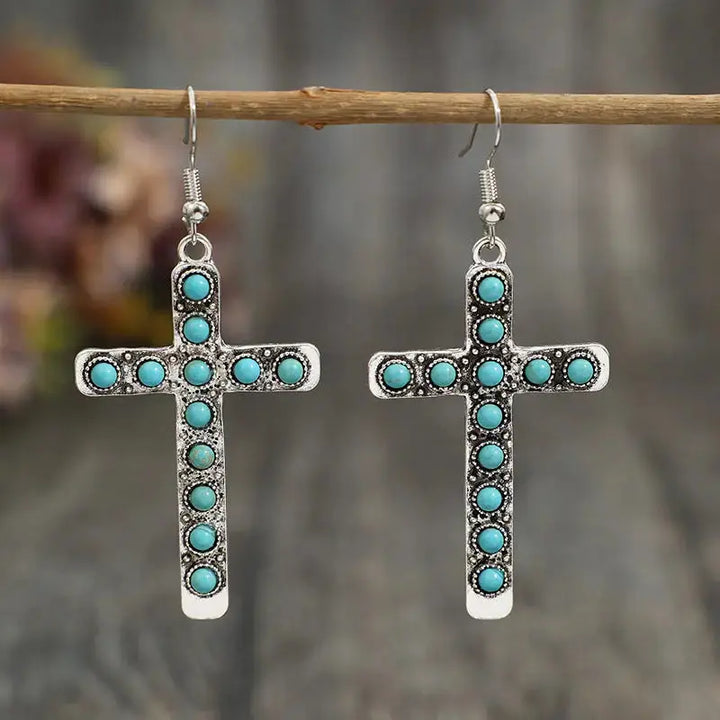 LOVCIA Artificial Turquoise Cross Shape Earrings