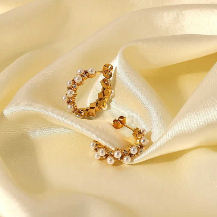 Pearl Rhinestone C-Hoop Earrings LOVCIA