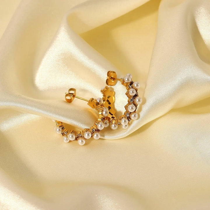 Pearl Rhinestone C-Hoop Earrings LOVCIA