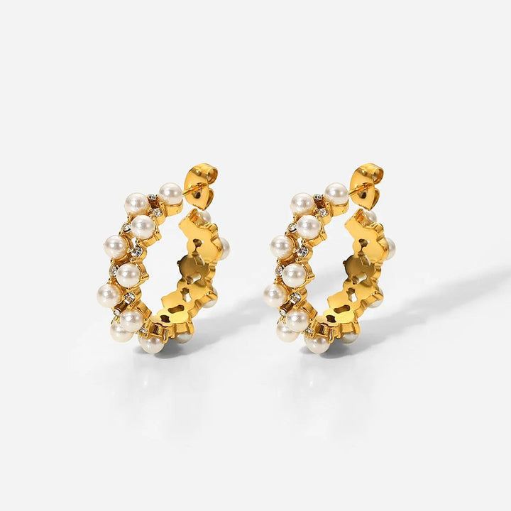 Pearl Rhinestone C-Hoop Earrings LOVCIA