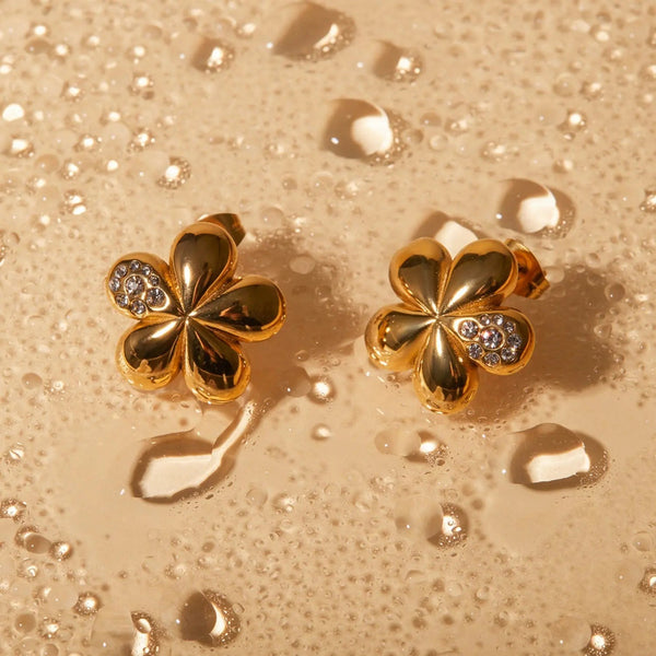 Inlaid Zircon Stainless Steel Flower Earrings LOVCIA